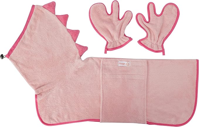 Pawyee Super Soft Fast-Drying Dog Towel Set for Cold Weather, Beach, Pool - Adjustable Microfiber Bath Robe with Drying Gloves for Cats and Dogs (X-Large, Pink Dino)