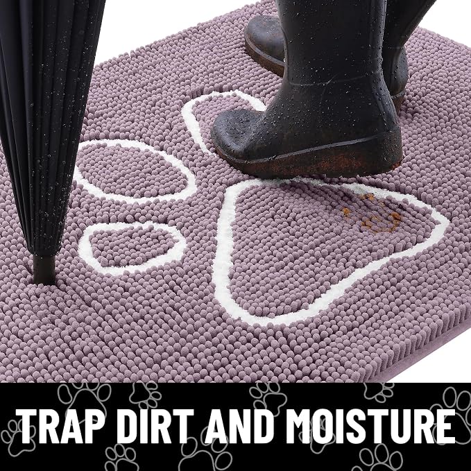 Smiry Dog Door Mat for Muddy Paws, Absorbent Dirt Trapper Non Slip Quick Dry Washable Chenille Mat for Mud Dogs, Entry Rug for Indoor and Outdoor (36x24 Inches, Deep Plum and White)
