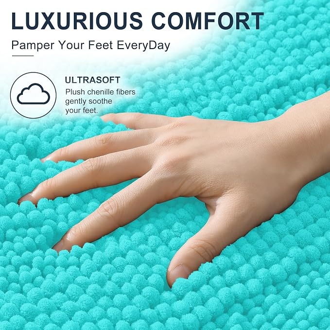 Smiry Thick Chenille Toilet Rugs U-Shaped 24x20, Extra Soft Absorbent Striped Contour Bathroom Rugs, Machine Washable, Dry Quickly, Bath Mat, Teal