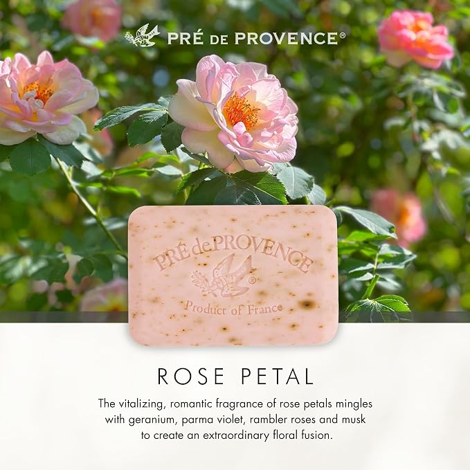 Pre de Provence Artisanal Soap Bar, Enriched with Organic Shea Butter, Natural French Skincare, Quad Milled for Rich Smooth Lather, 8.8 Ounce, Rose Petal