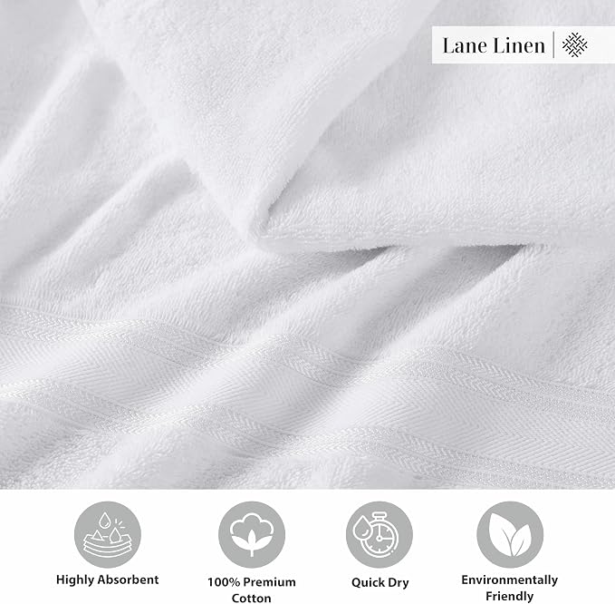 LANE LINEN Luxury Bath Towels Set - 3 Piece 100% Cotton Bathroom Towels, Quick Dry, Extra Aborbent, Super Soft Towels Set 1 Hand Towel, 1 Wash Cloths, 1 Bath Towel, White