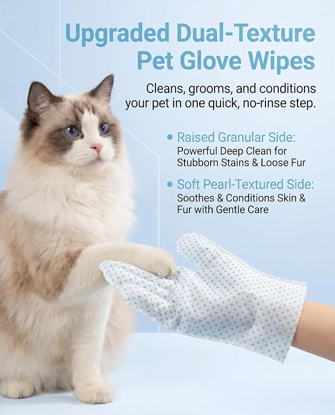 24 pcs Pet Glove Wipes, Dual Sided Hypoallergenic No-Rinse Grooming Mitts with Natural Extracts for Dogs, Cats, Rabbits & Horses