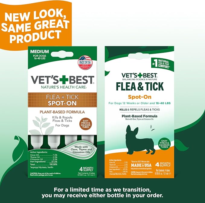Vet’s Best Botanical Flea and Tick Drops for Medium Dogs, Plant-Based Spot-On Treatment with Certified Essential Oils, Topical Flea and Tick Prevention and Control, Botanical Pest Care, 4 Month Supply
