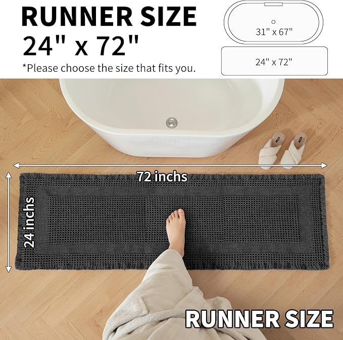 Waffle Bath Mat - Super Water Absorbing Bath Mat Quick Dry, Bathroom Rugs Non Slip Washable with Tassels, Rubber Backed Bathroom Mat for Bathroom Floor, Tub and Shower, 24" x 72", Black