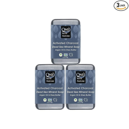 One With Nature Activated Charcoal Soap 4oz 3-Pack – Detoxifying and Exfoliating Charcoal Soap Bar with Dead Sea Salt for Face & Body, for Men & Women