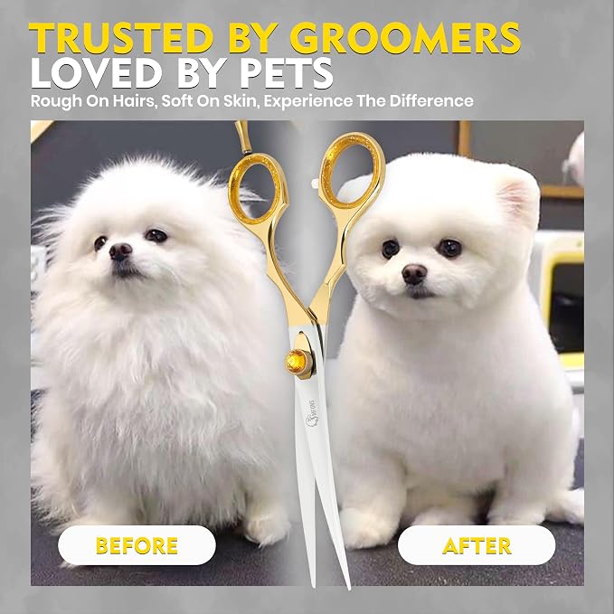 7.5 Inch Curved Grooming Scissors for Dogs and Cats – Professional Pet Grooming Shears for Face, Paws, Body and Tail – Sharp, Smooth, Ergonomic Curved Blades for Salon Groomers and Home Use