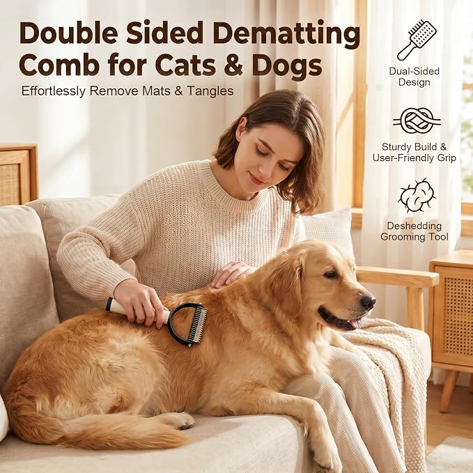 2-In-1 Double Sided Dematting Comb for Cats & Dogs, Multi-Functional Pet Detangling Comb, Double Sided Lint Remover Comb with Lint Roller, Suitable for Both Long and Short Haired Pets (Black)