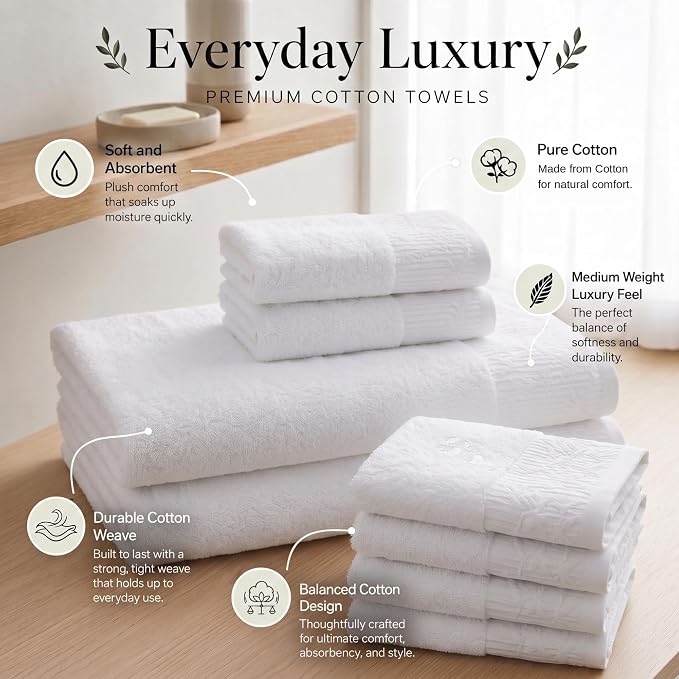 Superior Floral Jaquard Cotton Bathroom Towels, 3pc Towel Set, White-White | Soft Absorbent Quick Dry Terry Weave, Hotel Quality, Wisteria Towels Includes 1 Bath Towel, 1 Hand Towel, 1 Face Washcloth