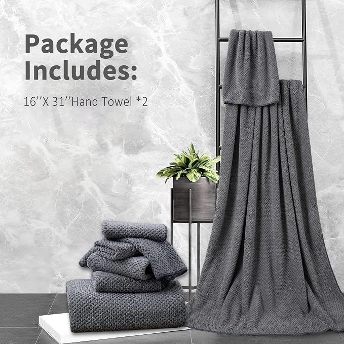 Grey Hand Towels Set 2 Pack-16“x31”,Ultra Soft Microfibers Bathroom Towel Set Highly Absorbent Quick Dry Luxury Premium Towel Lightweight Durable Hand Towel Collection for Hotel Spa Gym Kitchen