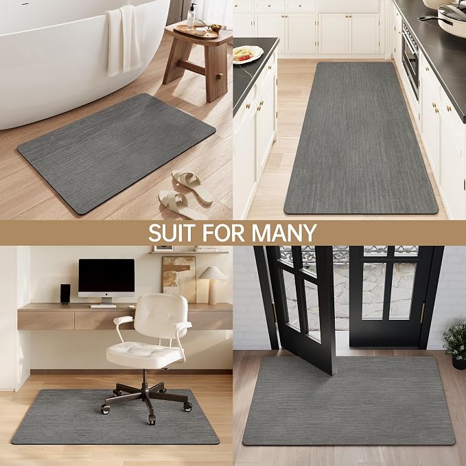 Mecko Bath Mat, Ultra Absorbent Quick Dry Bathroom Floor Mats-Rubber Non-Slip Thin Bathroom Rug Fit Under Door, Faux Suede Surface Shower Rug for Bathtub, Sink, Shower Room(Grey,24"x48")