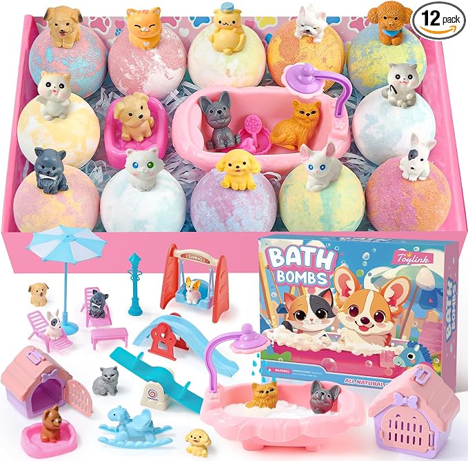 Toylink Bath Bombs for Kids with Surprise Inside for Girls Boys, 12 Pack Kids Bath Bombs with Dog & Cat Toys Pretend Playset Handmade Bubble Bath Fizzies Birthday Christmas Gift Set