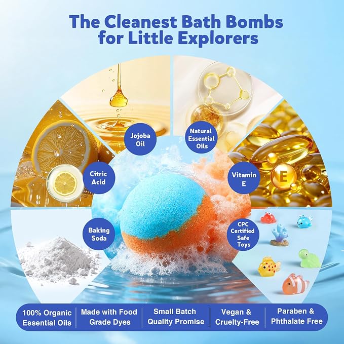 20 Kids Bath Bombs with Surprise Ocean Animal Toys, Child-Safe Gift Set | Ocean animal toys inside, natural ingredients, kid-safe formula, non-staining fizz, birthday & holiday gift, travel-friendly