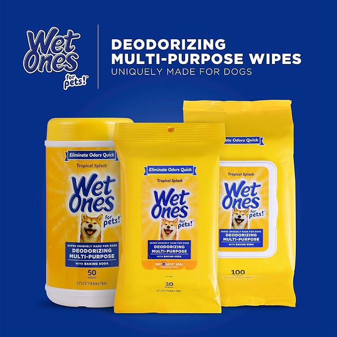 Wet Ones for Pets Deodorizing Dog Wipes with Baking Soda, Tropical Splash Scent - Multipurpose Deodorizing Pet Grooming Wipes in Resealable Canister, 50 Count - 3 Pack