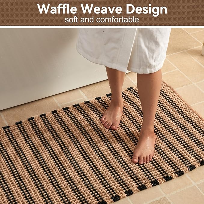 Triohero Waffle Bath Mat, Boho Bathroom Rugs Non Slip Washable, Ultra Soft Super Absorbent Quick Dry Farmhouse Bathroom Decor, 24" x 48", Khaki & Black