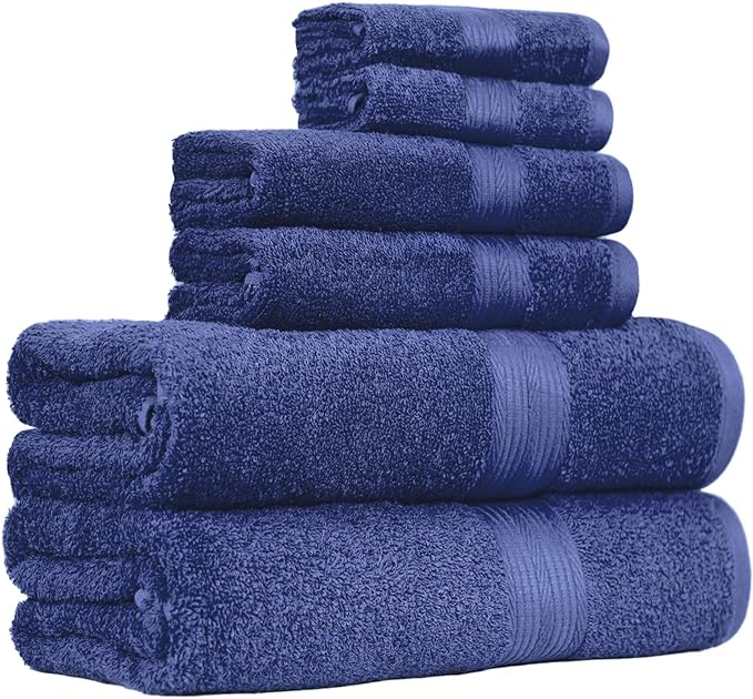 Amazon Basics 6-Piece Fade-Resistant 100% Cotton Towel Set, Soft and Absorbent, 2 Bath Towels, 2 Hand Towels, 2 Washcloths, Navy Blue