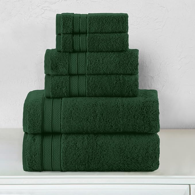 Elegant Comfort Luxury 6-Piece Towel Set, Premium Soft 100% Turkish Cotton, Three Line Popcorn Design 2 Bath Towels, 2 Hand Towels and 2 Washcloths Towel Set - Quick-Drying and Absorbent, Forest Green