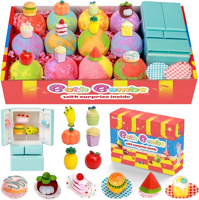 Bath Bombs for Kids with Toys Inside, 12-Pack Colorful Surprise Bath Fizzies Set with 12 Fruit & Food Toys + Mini Fridge + 6 Plates, Fragrant & Rich Bubbles, Organic Fizzy Bubble