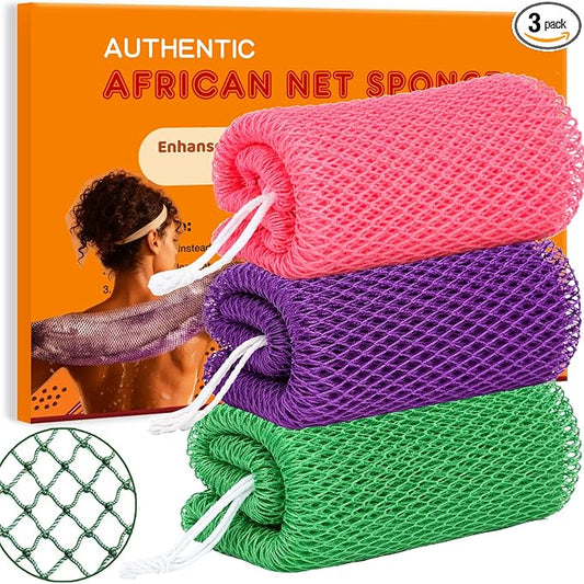 African Net Sponge Authentic, 3 Pieces African Exfoliating Net Sponge Body Back Scrubber Exfoliating Washcloth for Shower Bath for All Types (Pink+Purple+Green, 3 Pcs)
