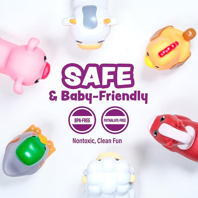 Tub Works® Barnyard™ Mold Free Bath Toys, 6 Pack | Sealed, No Hole Bath Toys Design Keeps Moisture Out | Soft, Squeezable & Float on Water | Farm Animals Baby & Toddler Bathtub Toys | Baby Pool Toys