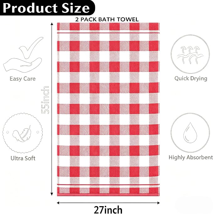 2 Pack Microfiber Bath Towels, 27×55 Inches Large Soft Quick Dry Shower Towels, Lightweight Absorbent Plaid Checkered Bath Towel Set for Bathroom, Travel, Pool, Gym, Home Use