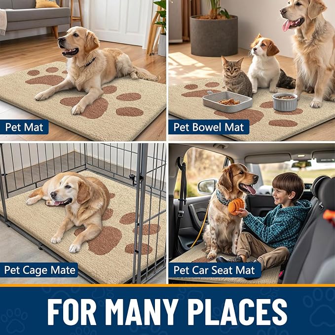 Smiry Dog Door Mat for Muddy Paws, Absorbs Moisture and Dirt, Low-Profile Entryway Mat with Non-Slip Backing, Entry Indoor Outdoor Doormat for Inside Floor (36x24 Inches, Light Beige, Paw)