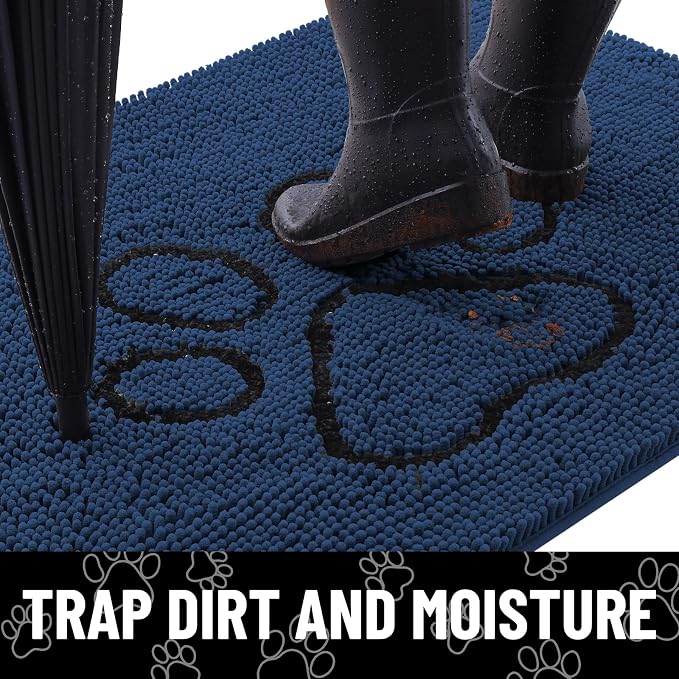 Smiry Dog Door Mat for Muddy Paws, Absorbent Dirt Trapper Non Slip Quick Dry Washable Chenille Mat for Mud Dogs, Entry Rug for Indoor and Outdoor (30x20 Inches, Dark Blue and Black)