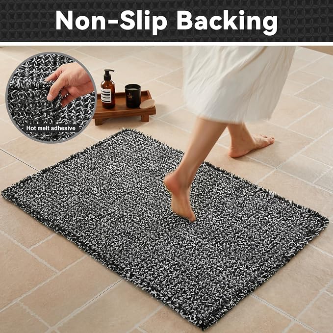 Triohero Waffle Bath Mat, Boho Bathroom Rugs Non Slip Washable, Ultra Soft Super Absorbent Quick Dry Farmhouse Bathroom Decor, 24" x 36", Black & White