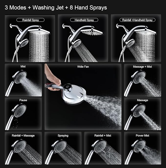 BOZYBO Rain Shower Head with Handheld: High Pressure Shower Heads with Handheld Spray Combo, 12" Rainfall Shower Head and 9 Sprays Hand Showerheads with Magnetic Docking and Power Jets, Chrome 1.75GPM