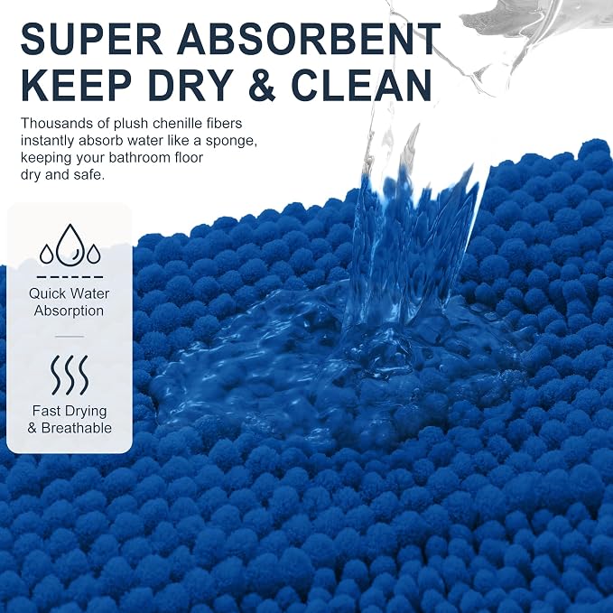 Smiry Thick Chenille Bathroom Rugs 30x20, Extra Absorbent Striped Bath Mat, Machine Washable, Rubber Backing, Bath Rugs for Bathroom, Tub & Shower, Home Decor Accessories, Deep Navy Blue