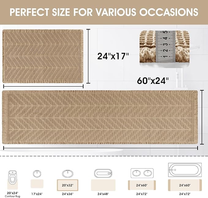Upgraded Waffle Bath Mat Set 2 Piece Beige-Herringbone, Super Absorbent Non-Slip Quick Dry Bathroom Rugs with Tassels, Machine Washable Ultra Soft Boho Bath Rugs, Toilet Mats Boho Farmhouse Decor