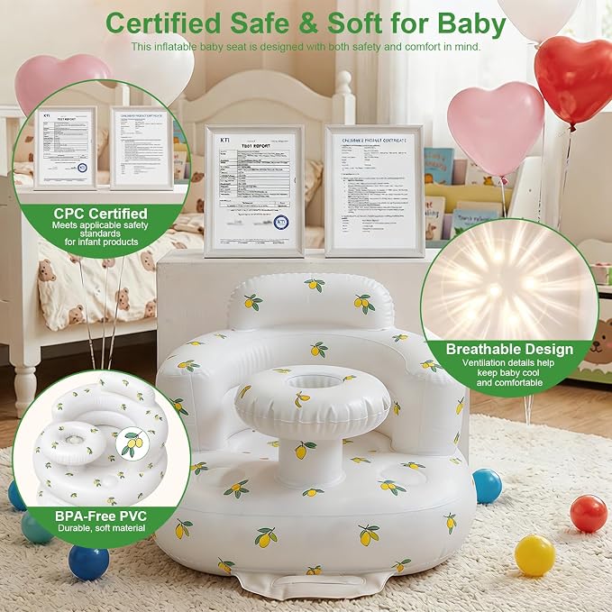Inflatable Baby Seat for Babies 3-36 Months, Baby Chair with Fence & Built in Air Pump, Blow Up Floor Baby Seat with Back Support, Baby Chair Sit Me Up Olive-Tray