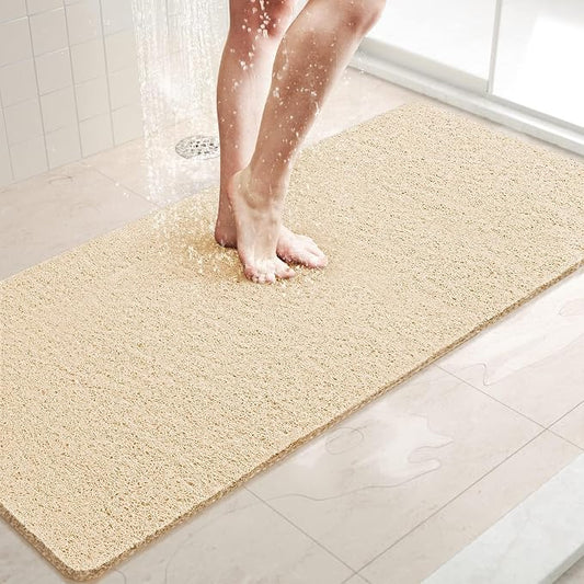 LuxStep Shower Mat Bathtub Mat,47x16 inch, Non-Slip Bath Mat with Drain, Quick Drying PVC Loofah Bathmat for Tub,Shower,Bathroom (Phthalate Free,Khaki)