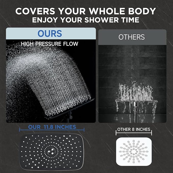 Veken 11.8" Rain Shower Head with Handheld, High Pressure Handheld Shower Heads with Multi Spray Modes, Rainfall Combo with 15" Metal Extension Arm,Detachable Dual Shower, Long 6 ft. Hose,Matte Black