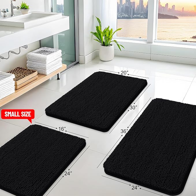Arotive Bathroom Rugs 47x32, Extra Soft Absorbent Shaggy Chenille Bath Rugs, Machine Washable Rubber Backing Bath Mats for Bathroom Floor Tub and Shower, Home Decor Accessories, Black