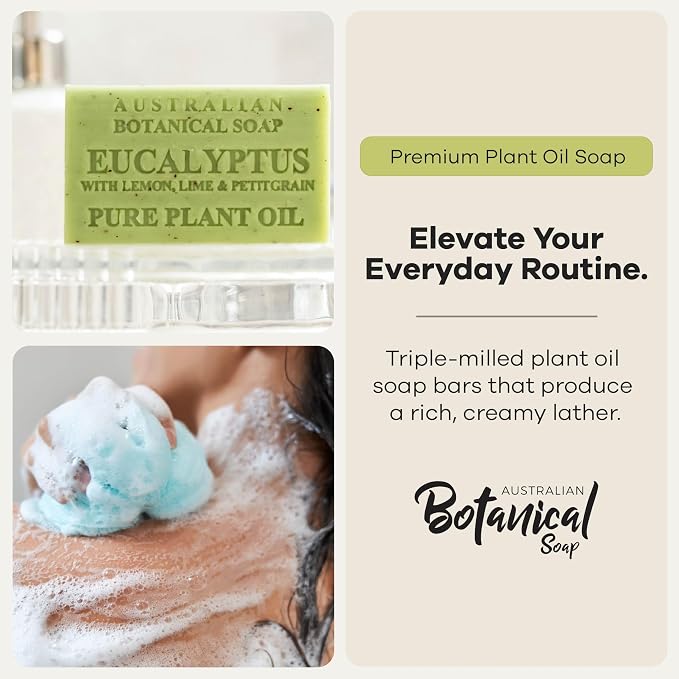 Australian Botanical Soap, 6.6 OZ, Eucalyptus, Lemon, Lime, and Petitgrain, Triple Milled Bars made with a Natural Soap Base and Enriched with Organic Shea Butter, Pack of 8