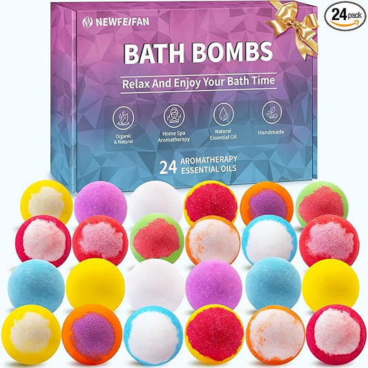 Bath Bombs for Women & Men, 24-Pack Handmade Natural & Organic Essential Oil Bath Bomb, Easter Basket Stuffers for Adults, Spa Relaxing Birthday Gifts for Wife Girlfriend Coworkers
