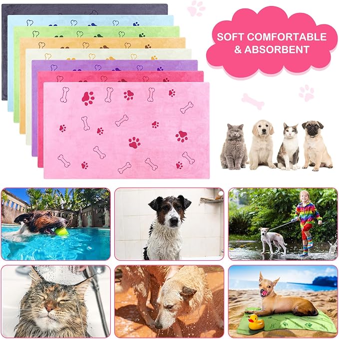 Chumia 8 Pcs Microfiber Dog Towels for Drying Dogs Cats 18 x 28 Inch Pet Towels Bulk for Medium Puppy Absorbent Fast Drying Paw Bath Bathing Supplies for Pets(Dog Paw and Bone,Sweet Color)