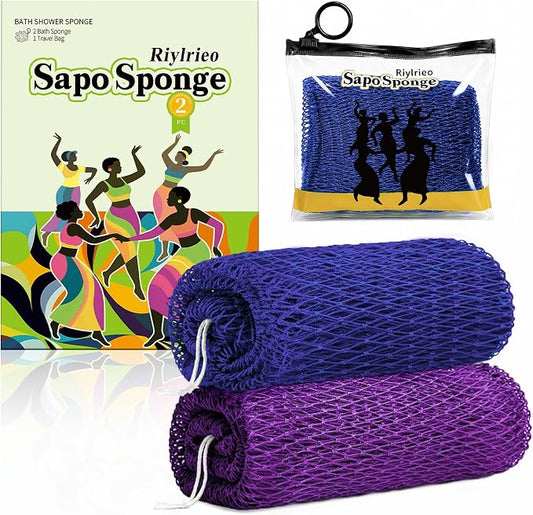 African Net Sponge for Shower, 2PCS Exfoliating Shower Sponge with Waterproof Travel Bag, Quick-Drying African Wash Cloth for Deep Cleansing & Smooth Skin (Dark Blue & Deep Purple)