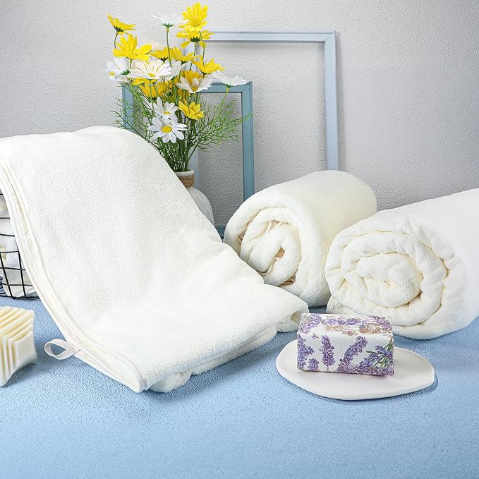 Preboun 2 Pcs Oversized Fleece Bath Towels, 40 x 80 Inch Bath Sheets Extra Large Microfiber Coral Velvet Highly Absorbent Towels 350gsm High Density Towel for Adults Home Beach (Cream)