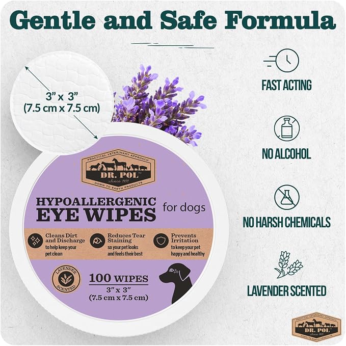 Dr. Pol Pet Eye Wipes for Dogs – Tear Stain Remover & Eye Discharge Cleaner – Hypoallergenic Grooming Wipes, 100 Count – Lightly Scented