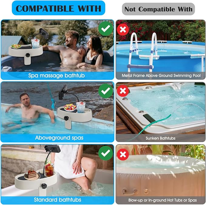 Hot Tub Table Tray with Adjustable Phone Holder, Nonslip Bathtub Table Tray Between 2.4-7.4" Hot Tub Accessories for Adults with 2 Cup Holders, Clip-on Pool Side Table for Above Ground Bathtub (Beige)