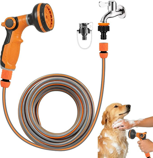 Homrich 6pc Outdoor Dog Shower Hose Kit - 5M Extra-Long Kink-Resistant Garden Hose, 2 in 1 Hot & Cold Kitchen Tap Connector, Hose Connector and 8 Spray Modes Sprayer for Muddy Paws Pet Cleaning