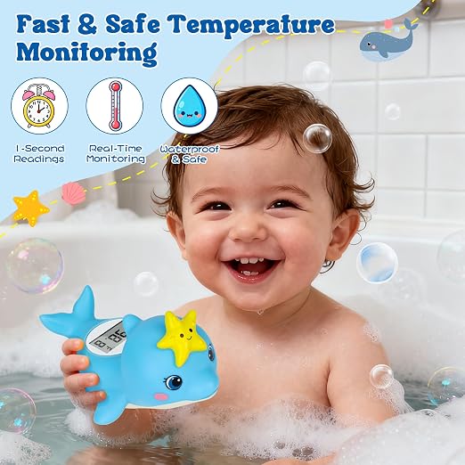 Baby Bath Thermometer, Dolphin Floating Water Thermometer with Safety Alert | Floating dolphin design | IPX7 waterproof | Hot & cold safety alert | Fast digital reading | Ideal for newborn bath time