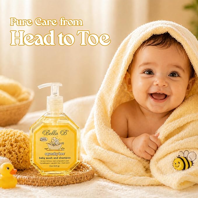 Bella B Squeaky Bee Bodywash 8 oz Baby Baby Bath Organic Natural Kids Organic Soap Baby Soap Organic 8 oz, Body Wash and Shampoo, Aloe Vera, 1 Count