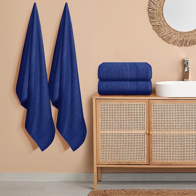 Belizzi Home 4 Pack Bath Towel Set 27x54, 100% Ring Spun Cotton, Ultra Soft Highly Absorbent Machine Washable Hotel Spa Quality Bath Towels for Bathroom, 4 Bath Towels - Navy Blue