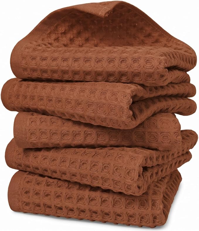 Jacquotha Waffle Hand Towels for Bathroom 5-Piece (Rust) - Cotton Quick Dry, Fall Kitchen Towels for Autumn Decor, 13” x 29”