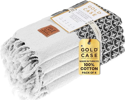 Gold CASE Turkish Hand Towels for Bathroom Set of 4 – 100% Cotton Bathroom Towels – Helen Kitchen Small Towel for Spa, Face, Tea & Dishcloth – Decorative Patterned Weave – Black