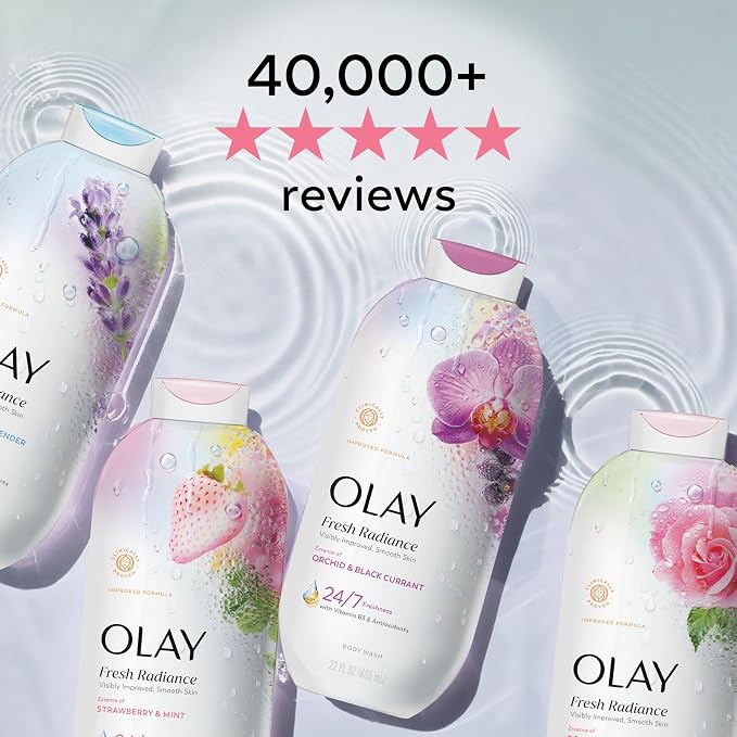Olay Body Wash for Women, Fresh Radiance, 24/7 Skin-Loving Freshness, Visibly Radiant, Plant Based Cleansers, Vitamin B3 & Antioxidant Blend, For All Skin Types, Orchid & Black Currant Scent, 22 fl oz