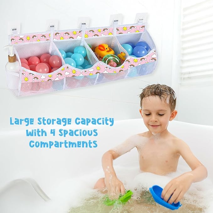 Large Bath Toy Storage, 4 Compartment Quick Drying Mesh Bath Toy Organizer with 5 Hooks, Easy Access and Sorting Large Capacity Corner Bathroom Storage, Multi Use Holder (Rainbow)