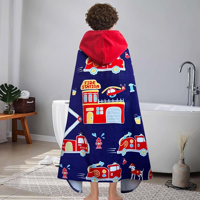 VOOVA & MOVAS Hooded Beach Towels for Teens & Big Kids (8Years Up) | 100% Cotton Thick Soft Absorbent Towel Wrap for Beach, Pool, Swim & Bath | Fire Truck Design